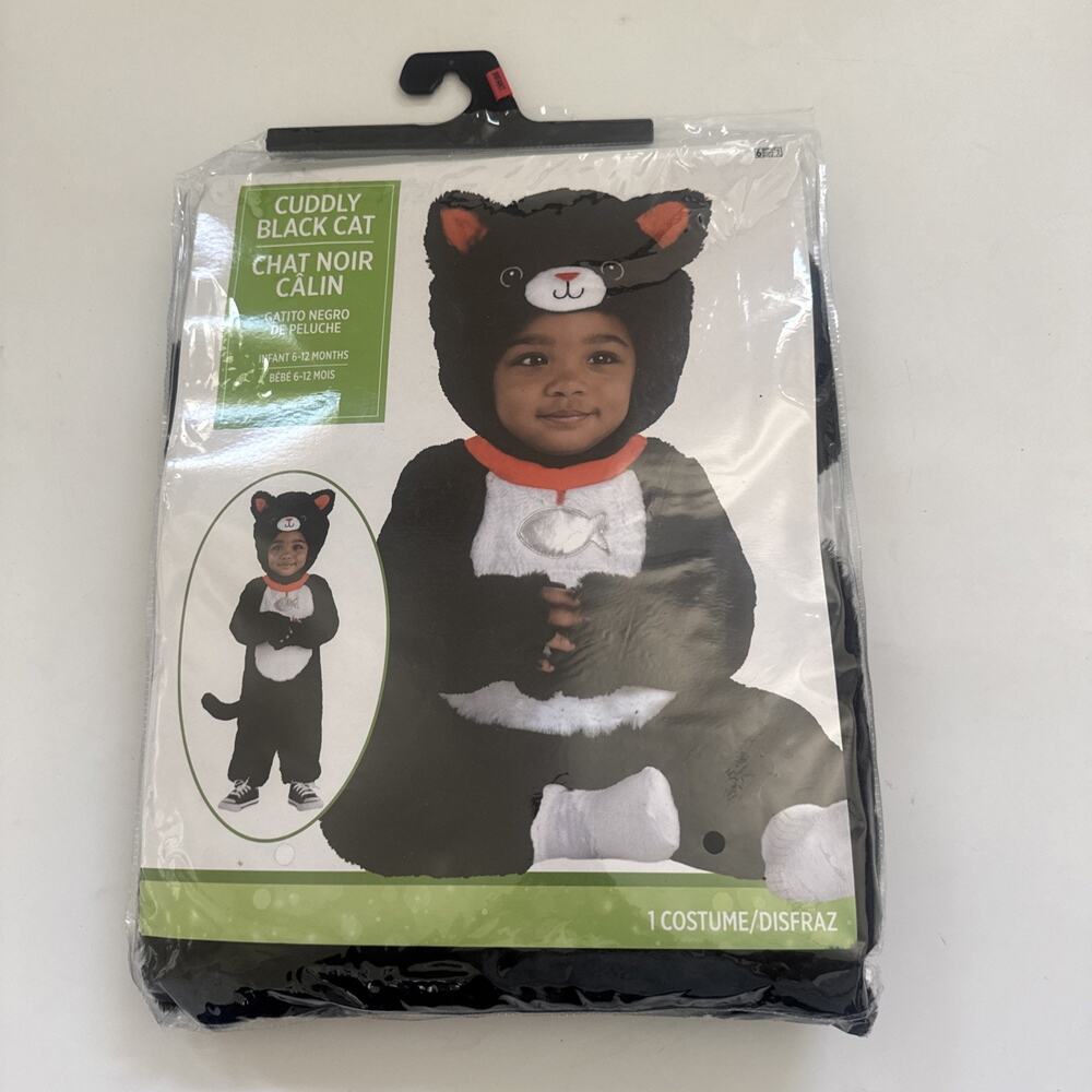 Black Cat Baby Costume Size‎ 6-12 Months 3 Piece Full Costume Jumpsuit Hood Tail